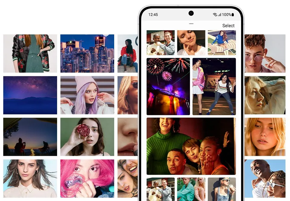 Ekran telefonu z widoczną aplikacją Galeria i miniaturkami wielu zdjęć