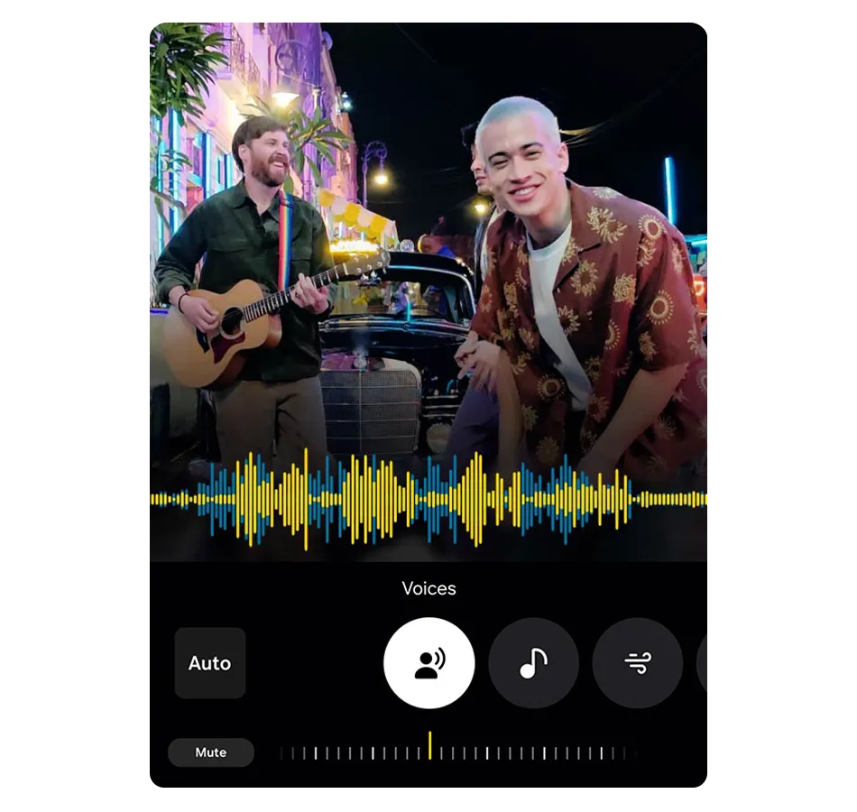 Scena uliczna z muzykami i interfejsem aplikacji audio