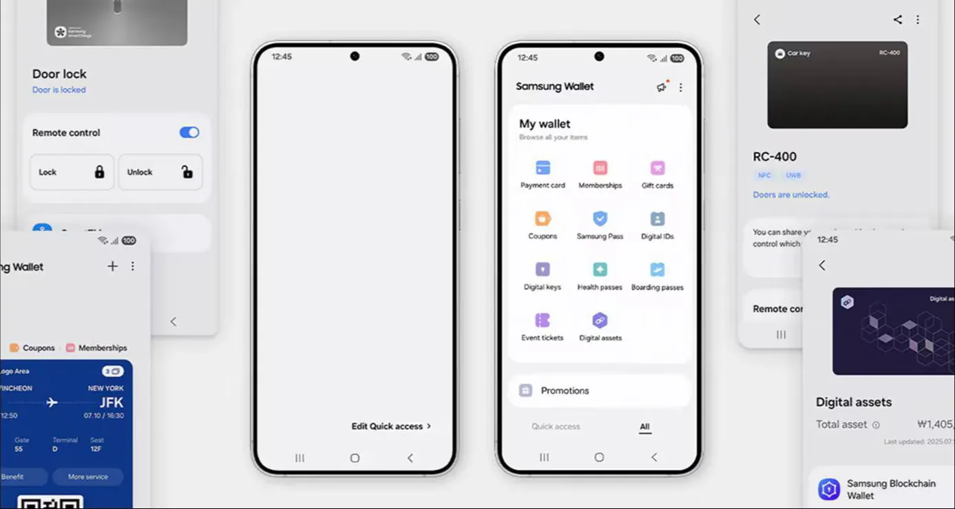 Zrzut ekranu aplikacji Samsung Wallet z menu kart, kluczy cyfrowych, kuponów i pulpitem sterowania drzwiami.