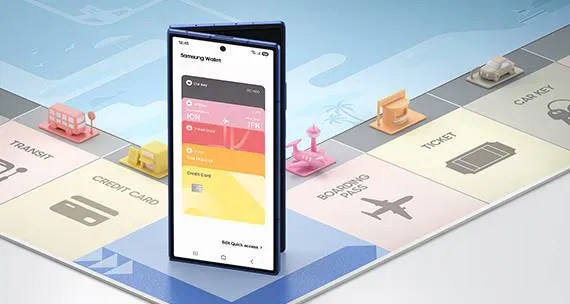 Smartfon Samsung Galaxy z aplikacją Samsung Wallet na planszy symbolizującej codzienne czynności.