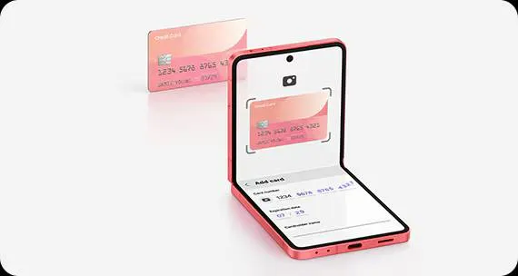 Telefon Samsung Galaxy Z Flip z otwartym ekranem i widoczną kartą dodawaną do Samsung Wallet.