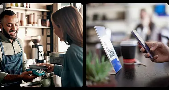 Użytkownik płaci telefonem Samsung zbliżeniowo w kawiarni przy użyciu Samsung Pay.