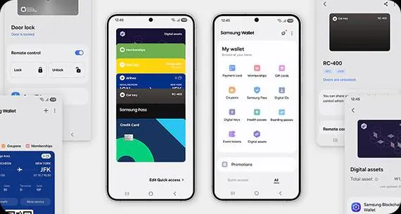 Trzy telefony Samsung z otwartą aplikacją Samsung Wallet pokazującą różne karty i usługi.