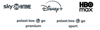 Logotypy platform streamingowych: SkyShowtime, Disney+, HBO Max, PolsatBox GO Premium, PolsatBox GO Sport