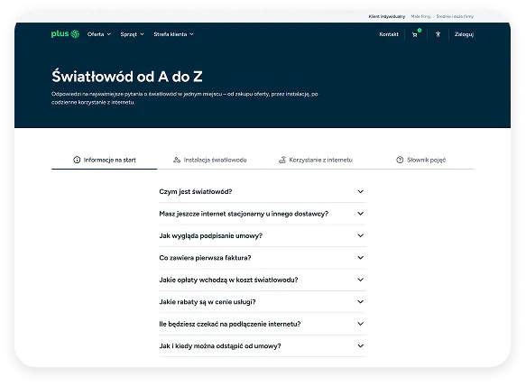 Na stronie znajdziesz takie informacje jak Czym jest światłowód, Jak wygląda podpisanie umowy i Co zawiera pierwsza faktura